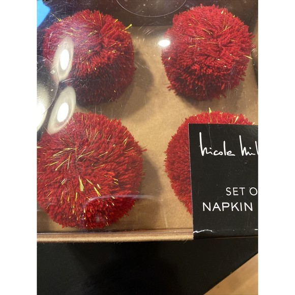 Nicole Miller Home Set Of 4 Christmas Holiday Red Gold Napkin Rings New Pom Pom - Picture 1 of 4